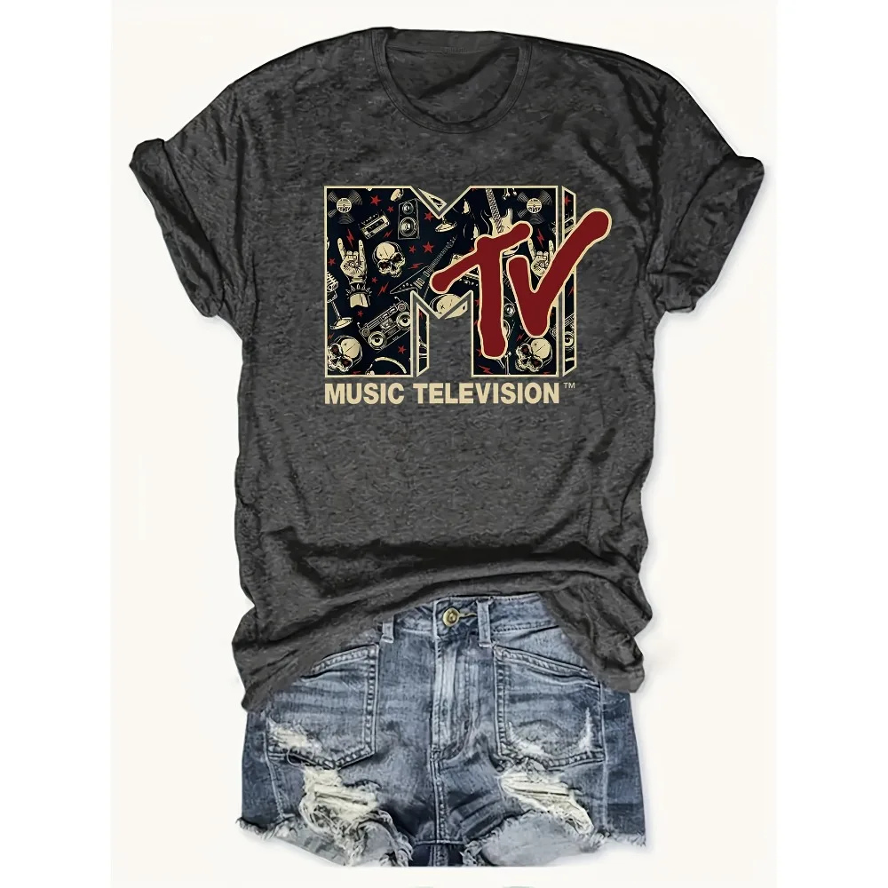 Damska koszulka plus size z nadrukiem czaszki, na co dzień z krótkim rękawem, gotycka koszulka „MV” z motywem telewizji muzycznej, kostium festiwalu muzycznego