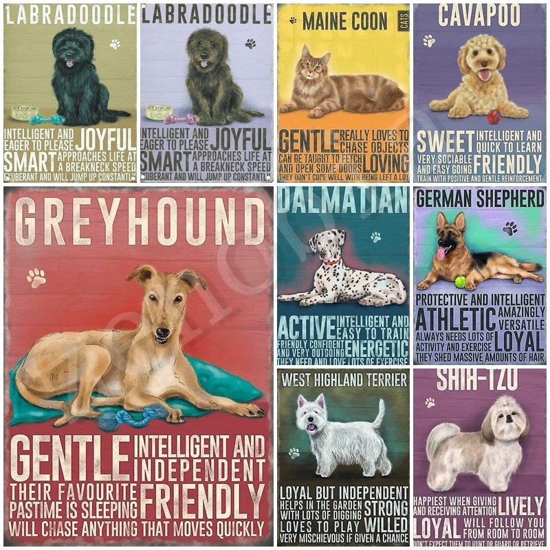 Greyhound Labradoodle Rabbit Metal Sign Vintage Animals Metal Tin Poster Shabby Plates Man Cave Zoo Bar Club 3D Home Decoration