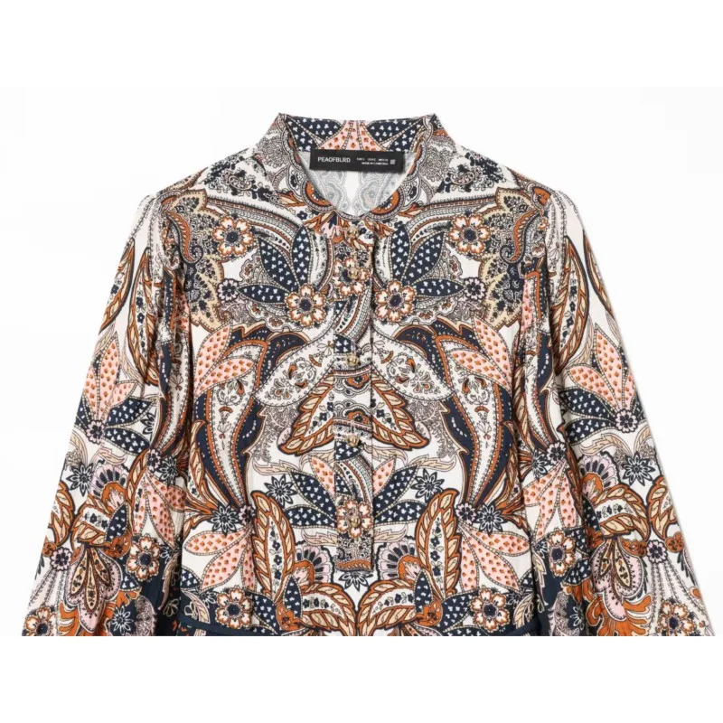 เดรสลายพิมพ์สำหรับผู้หญิง ฤดูใบไม้ผลิ/ฤดูร้อน ความยาวปานกลาง พร้อมเข็มขัด สไตล์ลำลอง คอทรงโอ แขนยาว วินเทจ ชิค สวยสง่า