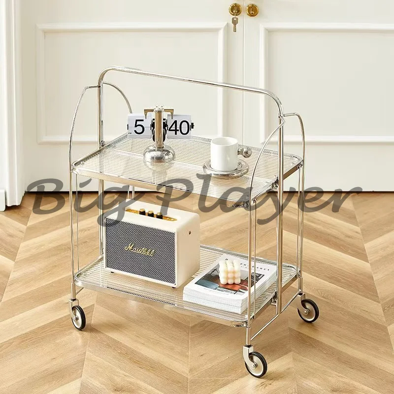 

Foldable Mobile Cart Transparent Glass Cart Living Room Sofa Side Table Simple Lightweigh Modern Luxurious Wind Storage Rack.
