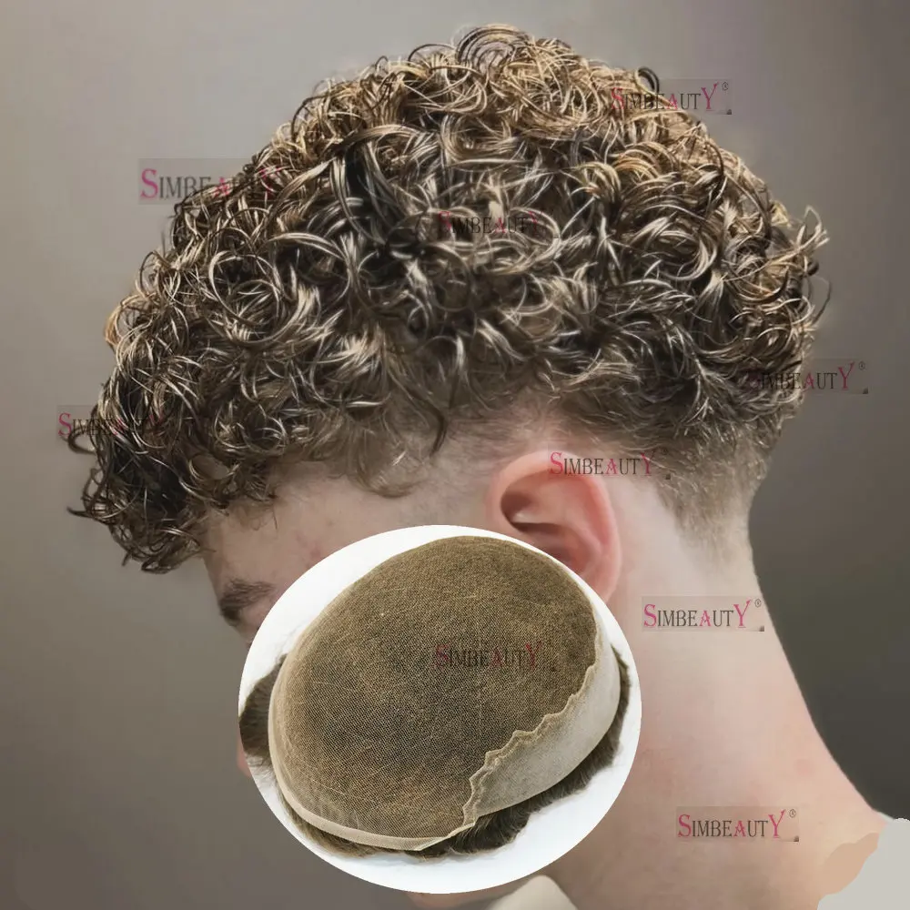 Peluca frontal de encaje con Base Q6 para hombre, tupé rizado permanente, blanqueados nudos, pelucas de cabello humano virgen, rubio ceniza, sistema de prótesis duradero, 20mm