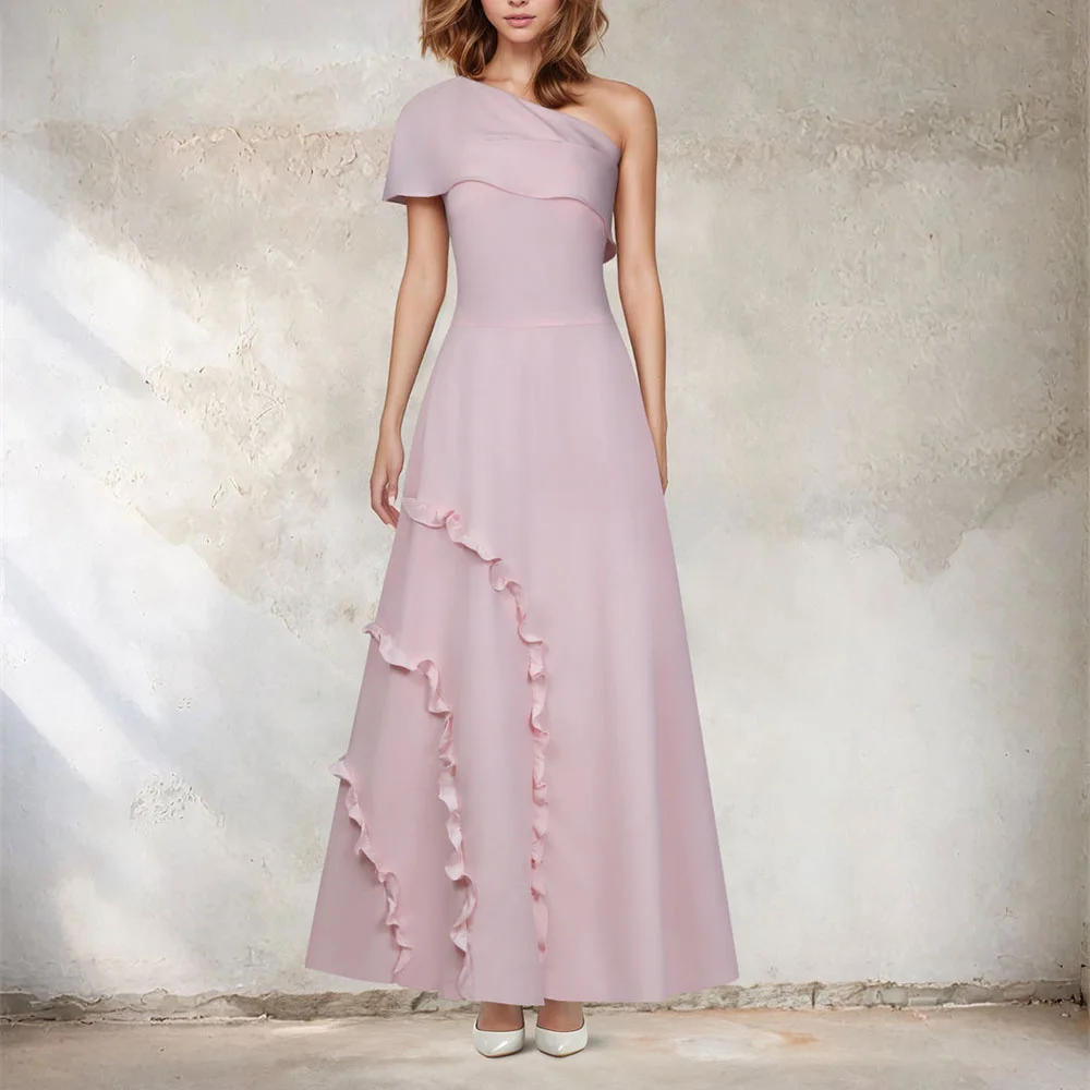 ROYET One Shoulder Pleat Short Sleeve A Line Evening Woman Dress Pleat Ankle Length Classic Simple Vintage Elegant Prom Gown