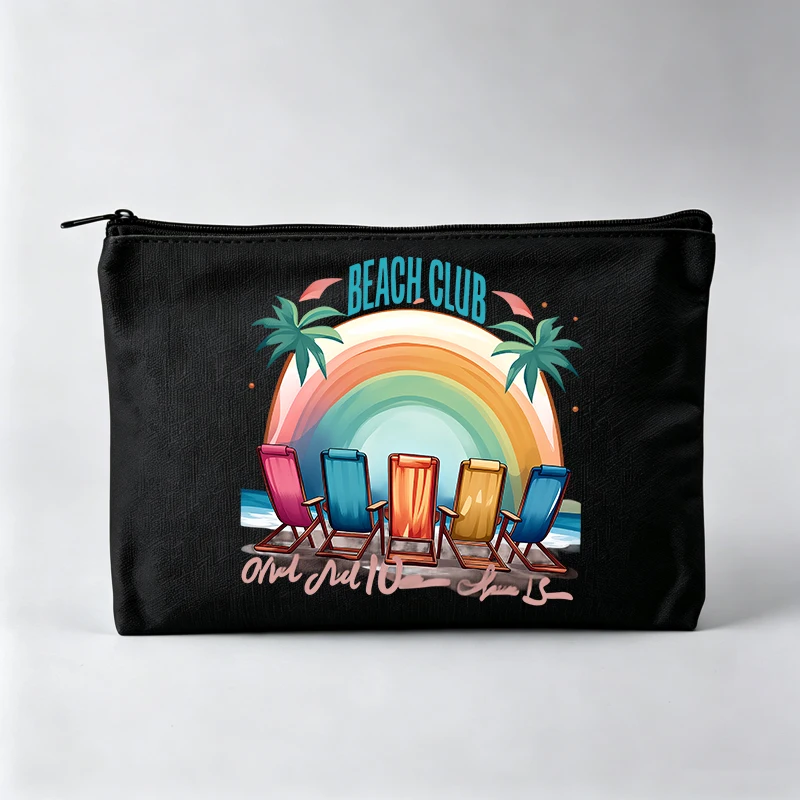 Women's Beach Club Graphic Makeup Bag with Rainbow and Lounge Chairs, Retro Style Cosmetic Pouch for Travel