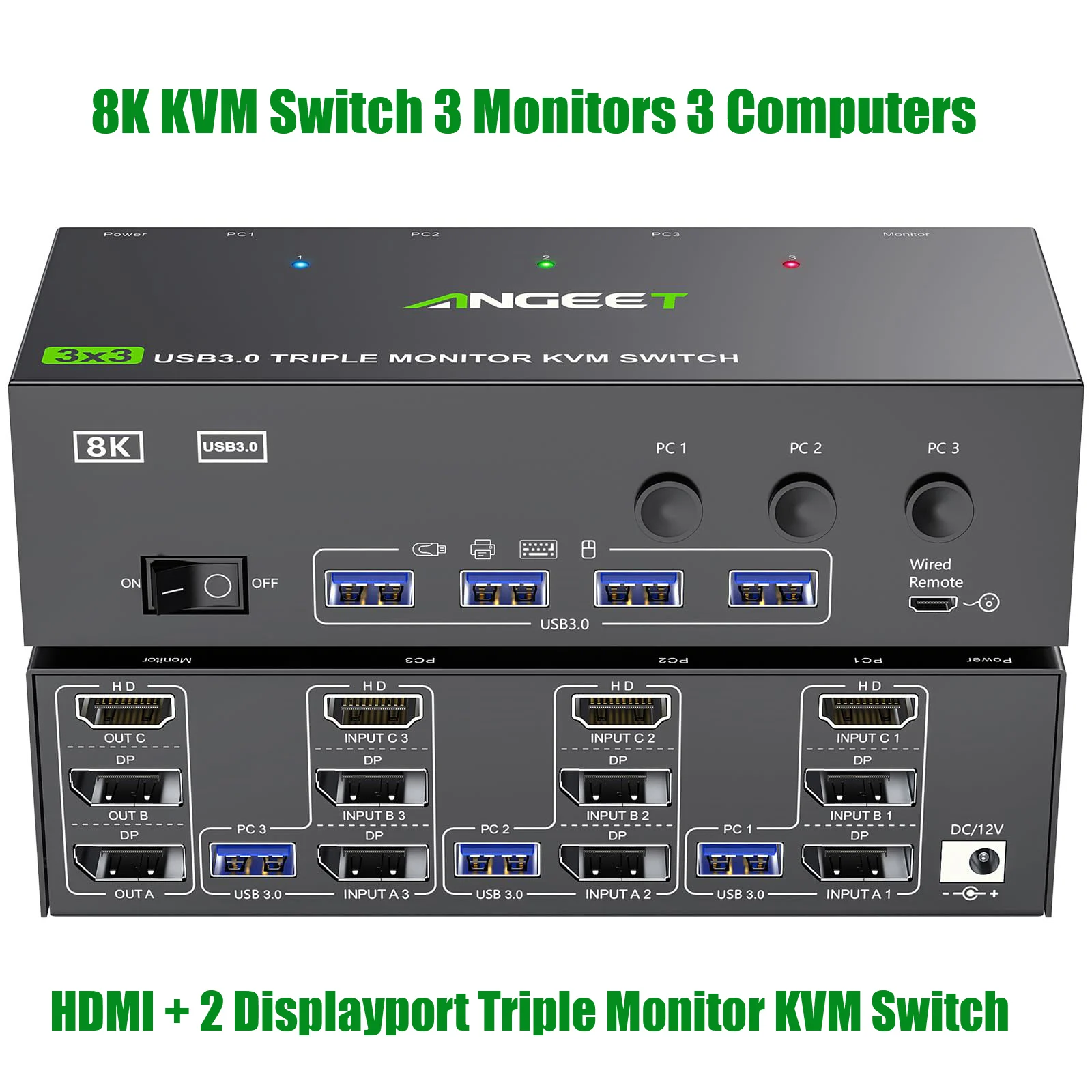 HDMI and 2 Displayport Triple Monitor KVM Switch 3 Monitors 3 Computers 8K@60Hz 4K@144Hz, 3 Monitors KVM with 4 USB 3.0 Ports
