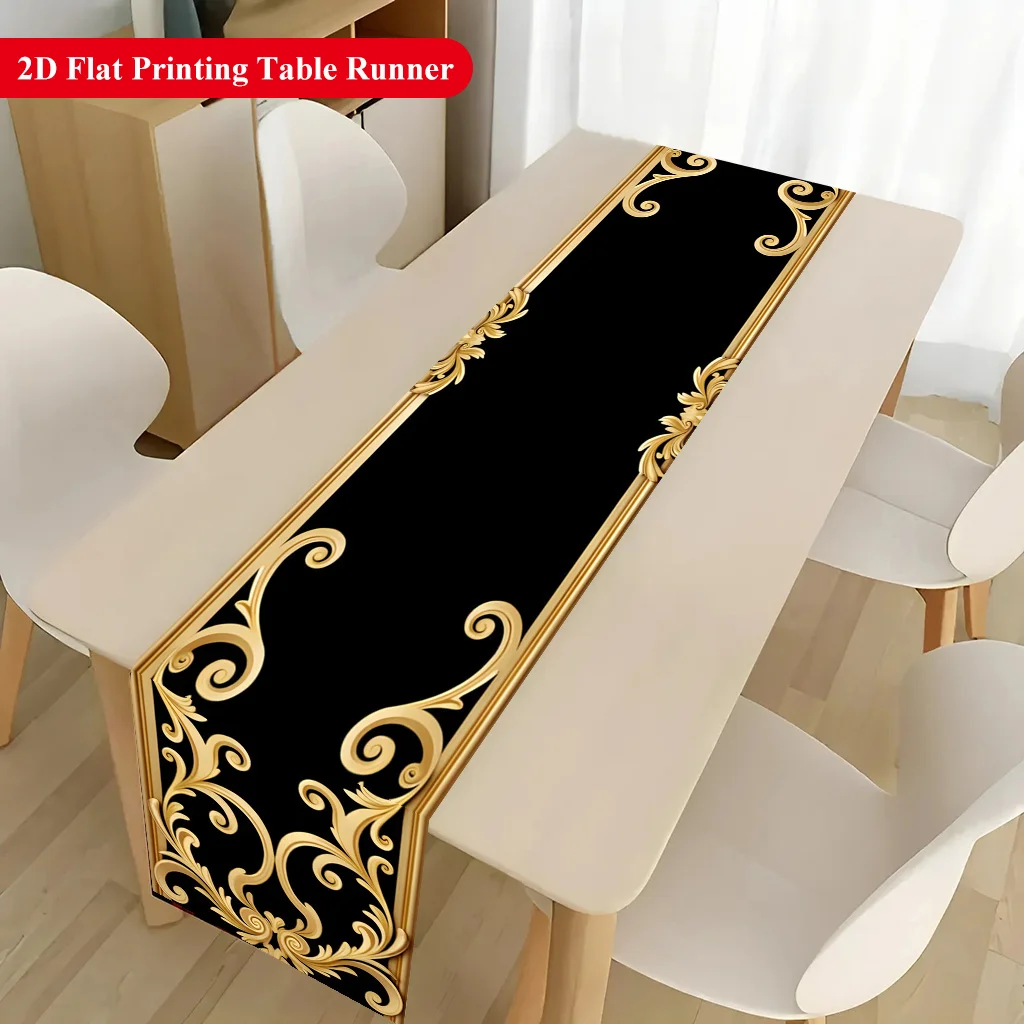 1pc Golden Pattern Frame Design Table Runner Holiday Party Decorative Cloth for Home Kitchen Dining Office Living Room Table