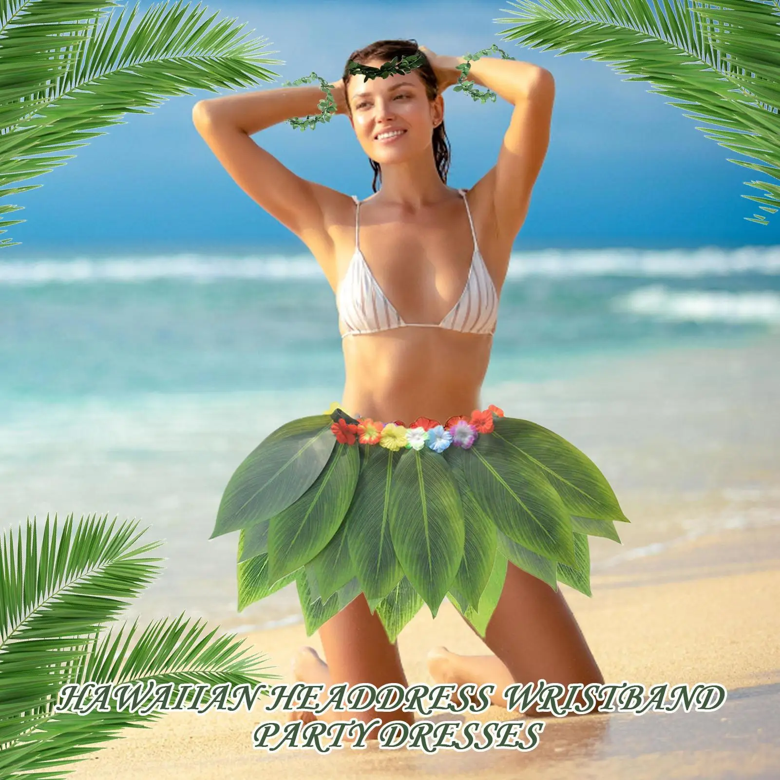 Costume hawaiano per donna Abito da erba hawaiana per ragazze Polsino tropicale Fascia per capelli Abiti realistici traspiranti per le vacanze
