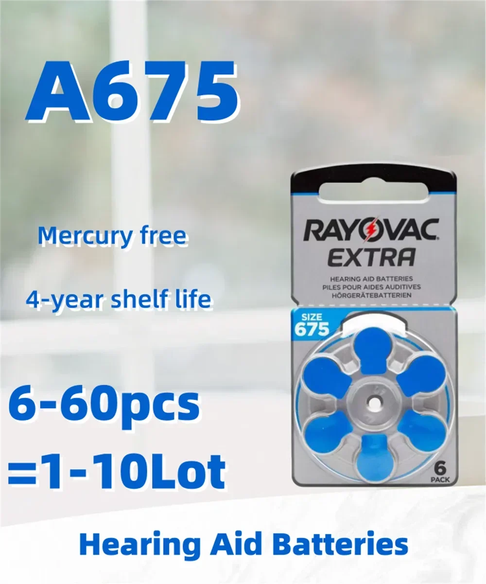 6-60PCS Rayovac Extra Mercury Free Hearing Aid Batteries Size 675 675A A675 PR44 Battery For Sound Amplifier Accessories