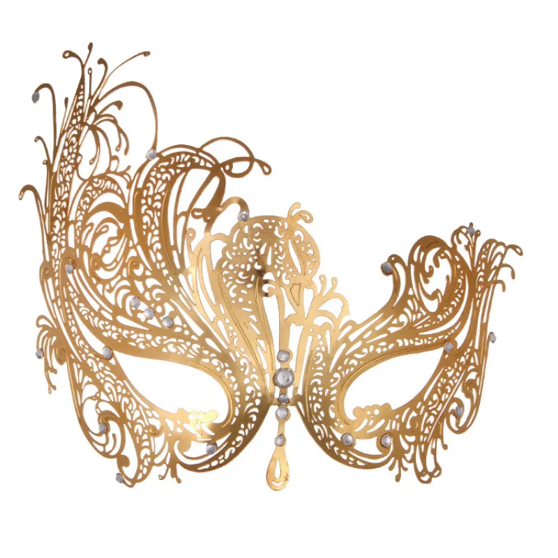 Ouro veneziano chapeado Phoenix Metal máscara com strass, Masquerade adereços