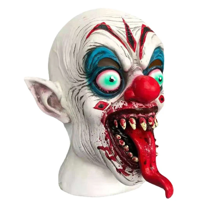 

Halloween Horrific Clown Mask with Bloody Long Tongue Red Nose Devil Costume