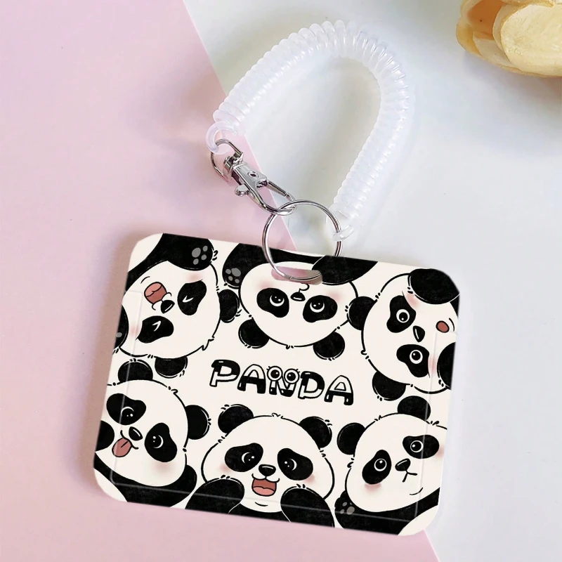 Kawaii Panda Pattern Card Holder with Retractable Spring Cord Suitable for Student Bus/Metro Card Meal Card Protection Case