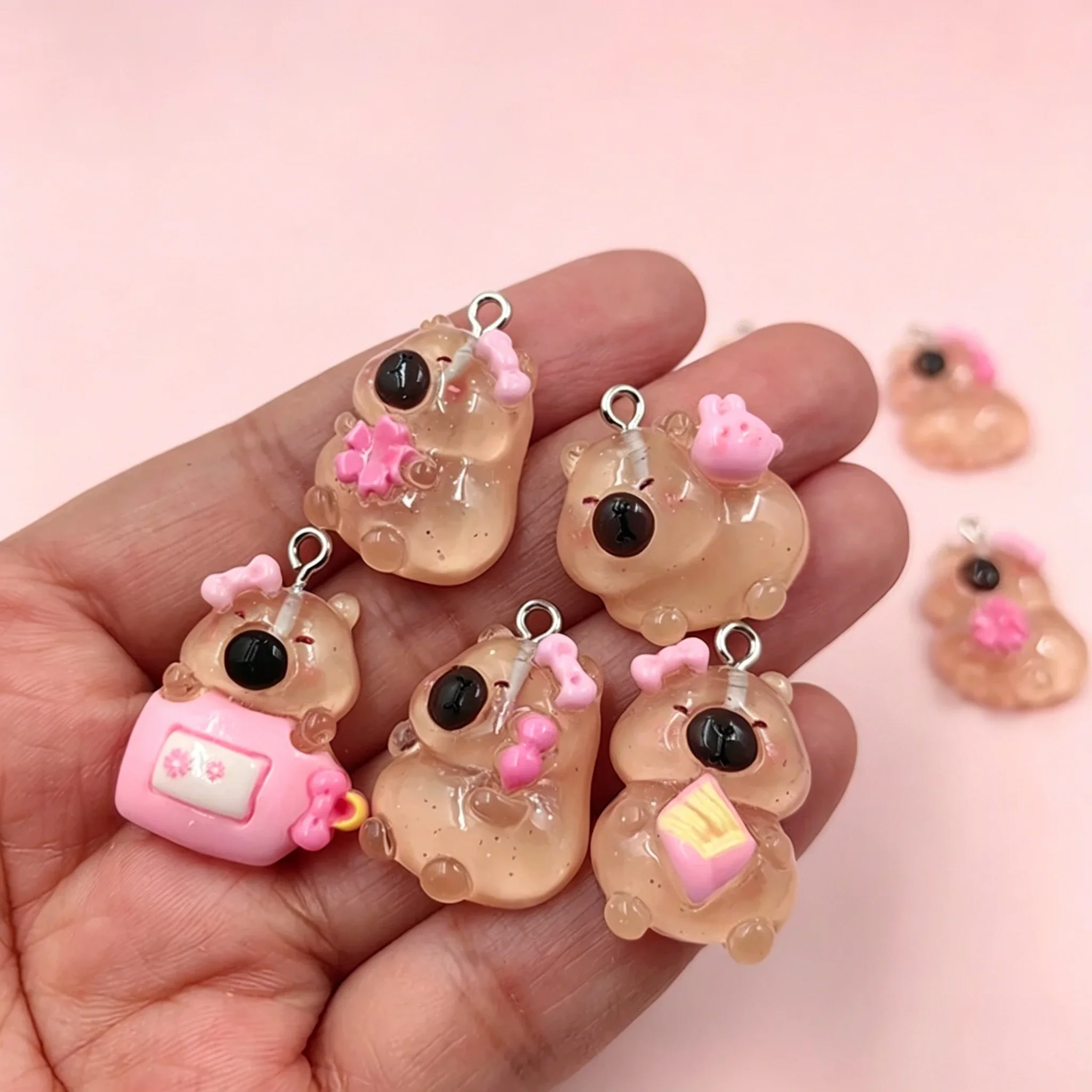 10Pcs Kawaii Capybara Resin Pendants Decorated with Pink Flowers Snacks Charms for DIY Earrings Keychain Crafts