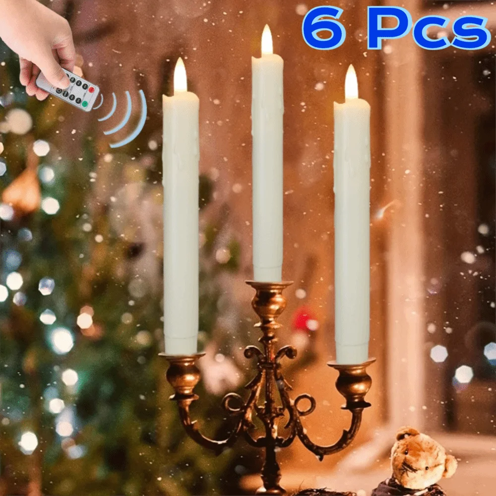 6PCS Simulated Flameless LED Candle Light With Remote Melting Candle Drops Design LED Long-Stick Candles Decorative