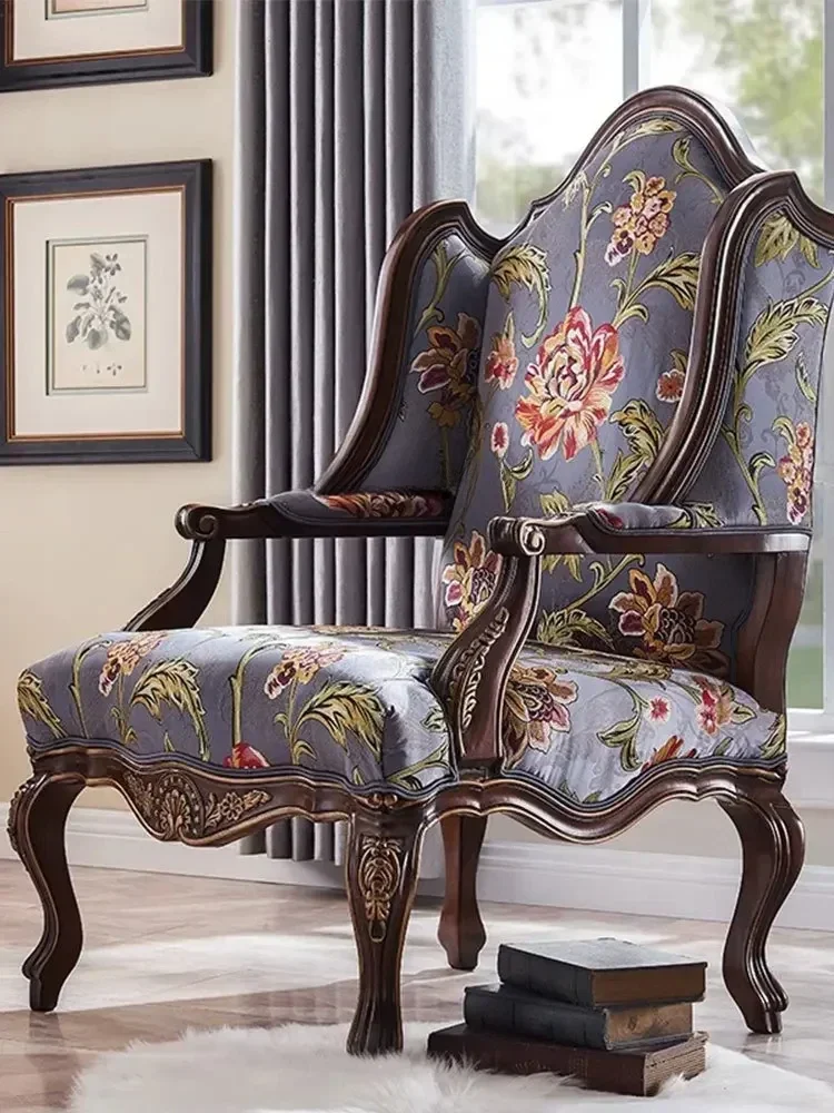 كرسي صالة خشبي على الطراز الأمريكي لغرفة المعيشة كرسي أريكة بمقعد واحد على الطراز الأوروبي كرسي جلدي عالي الظهر #4