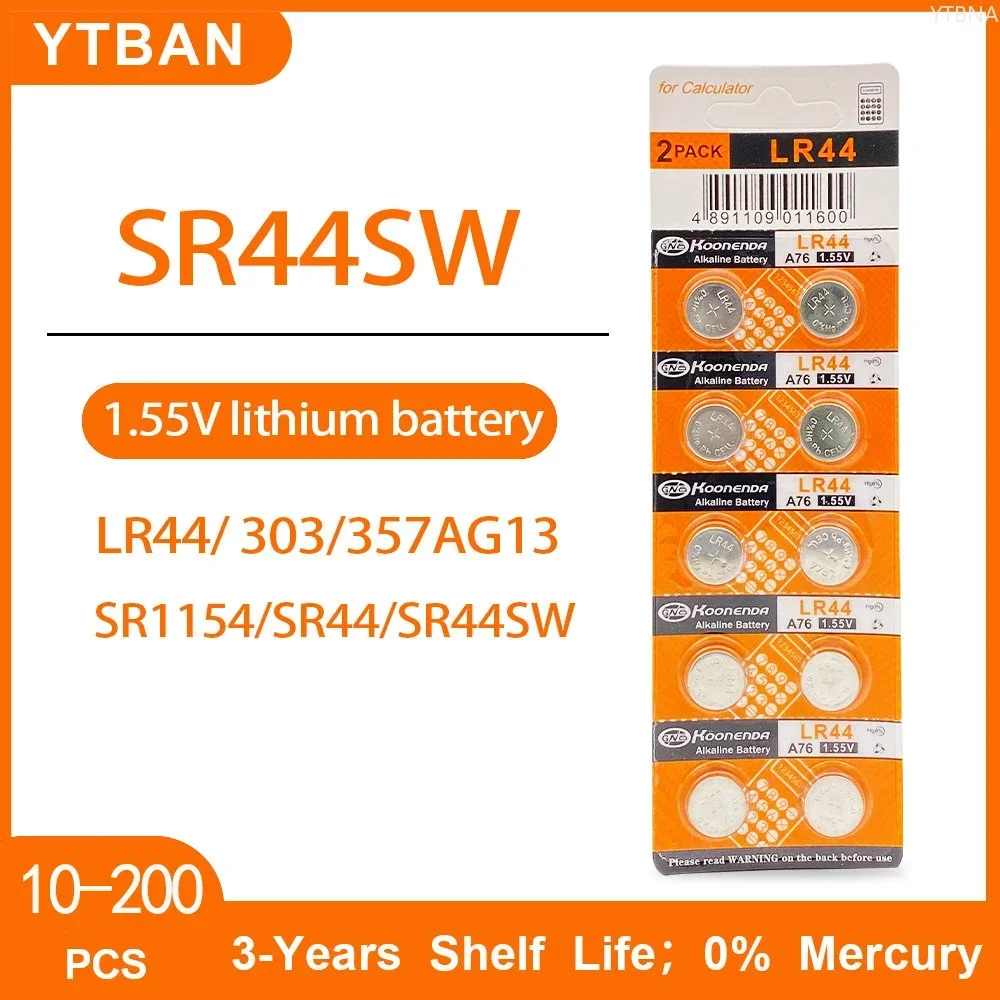 Célula de Bateria AG13 Coin, 1.55V AG 13, LR44 357, 357A, A76, L1154, GPA76, Baterias Alcalinas para Relógio, Rem Eletrônico, 10-100Pcs