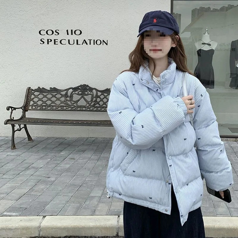 سترة الوقوف طوق معطف الشتاء الخبز تصميم دافئ الأزرق القطن مبطن المرأة ملابس خارجية سميكة شريط فراشة عقدة القطن #4