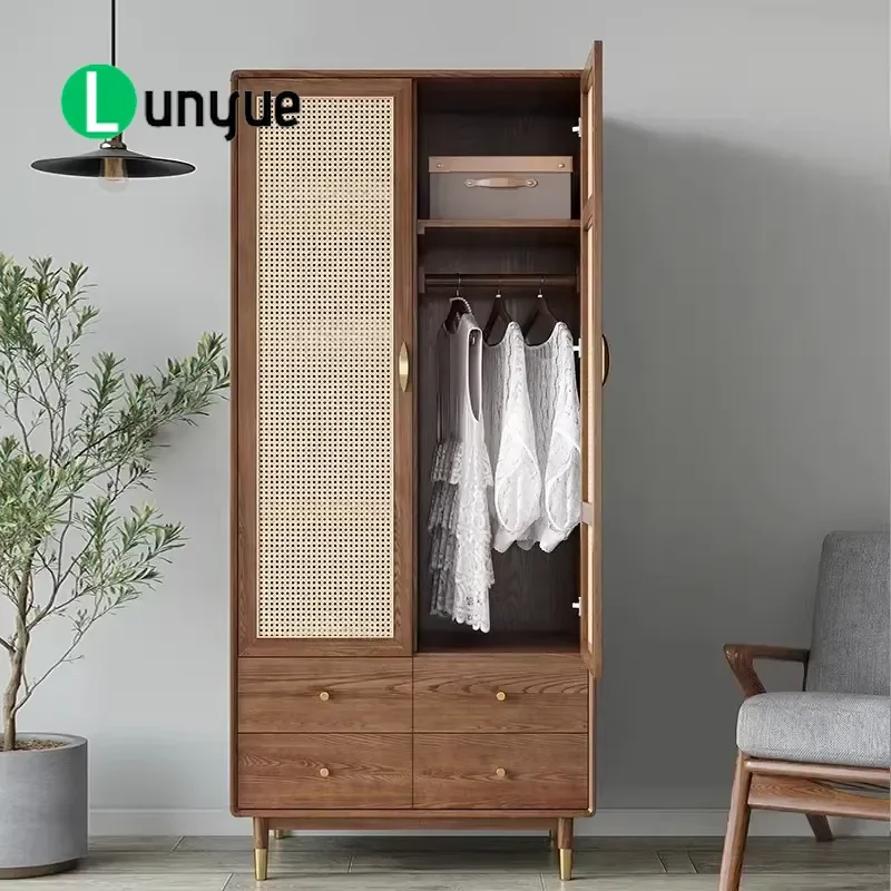 Custom Wood Rattan Wardrobe Japanese Style Modern Furniture Cabinet with Drawers for Hotel Bedroom Wholesale Storage Solution