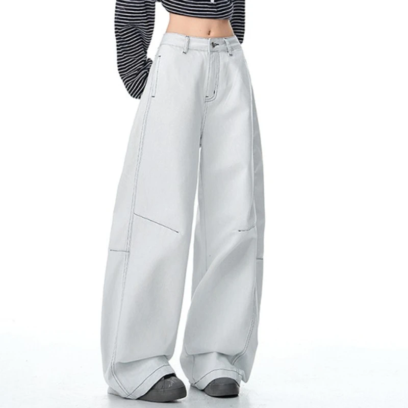 

White Y2K Retro Light Color Patchwork Contrast Floor-Length Jeans for Women, Autumn High-Waisted Loose Wide-Leg Straight Pants