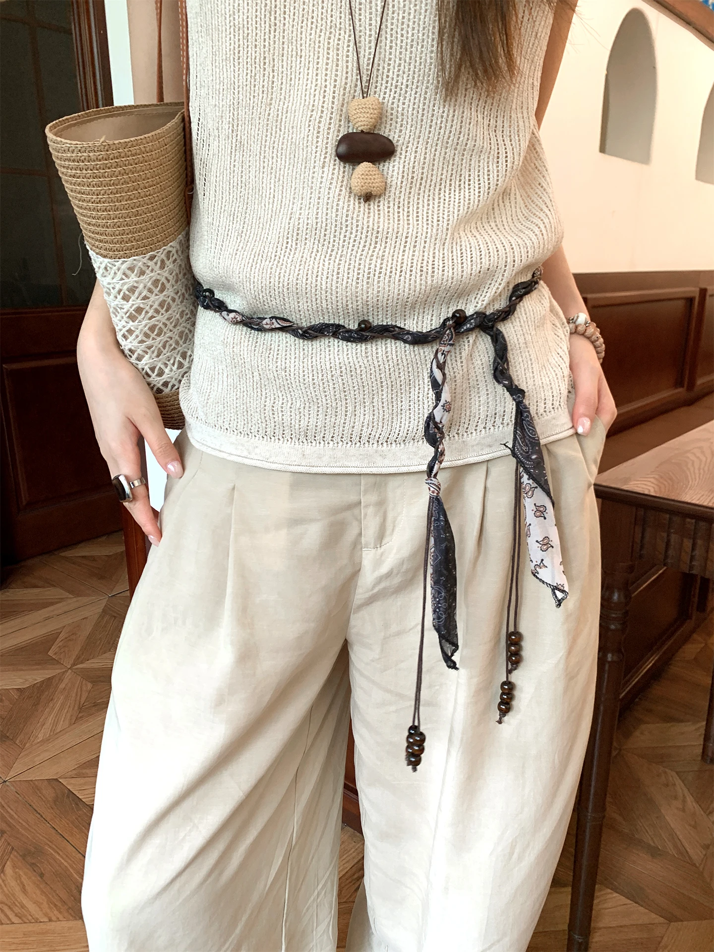 Vintage Cashew Print Handmade Beaded Waist Rope Waist Chain Women's Old Money Style Tie Scarf Belt With Jeans Belt