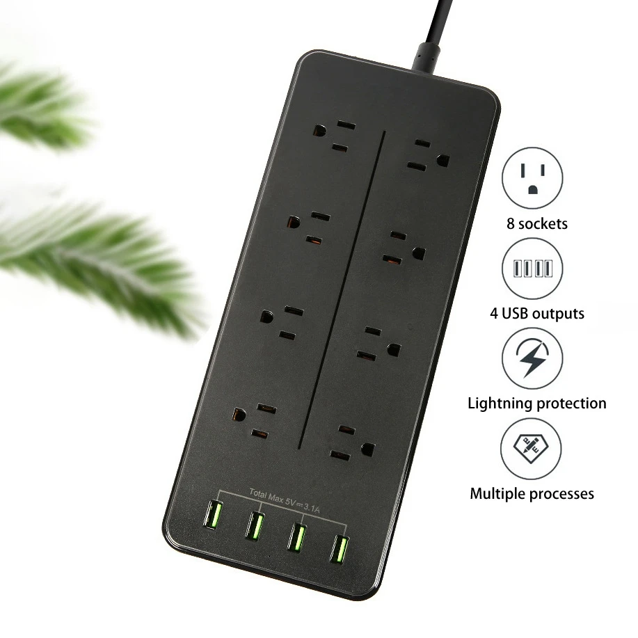 Power Strip 2500W with 8 Outlets and 4 USB Fast Charging Port Surge Protector 6 Feet Cable for Home Bedroom-US