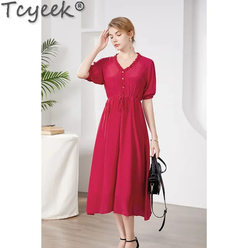 

100% Tcyeek Mulberry Silk High-end Elegant Women's es 2024 Summer Clothes Women Red Dress Waist Vestidos Para Mujer