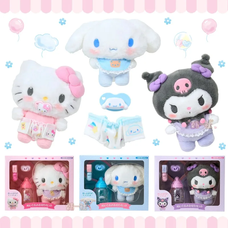 

Sanrio детский игровой набор, коробка Kitty Kuromi Cinnamoroll с бутылочкой, подгузник для кормления, сменные аниме-фигурки, модель игрушки, подарок для девочки