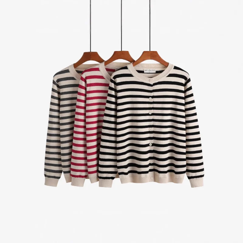 Striped Long Sleeved Knitted Sweater Women's Autumn and Winter New Sweater Loose Small Cardigan Jacket All Match Top
