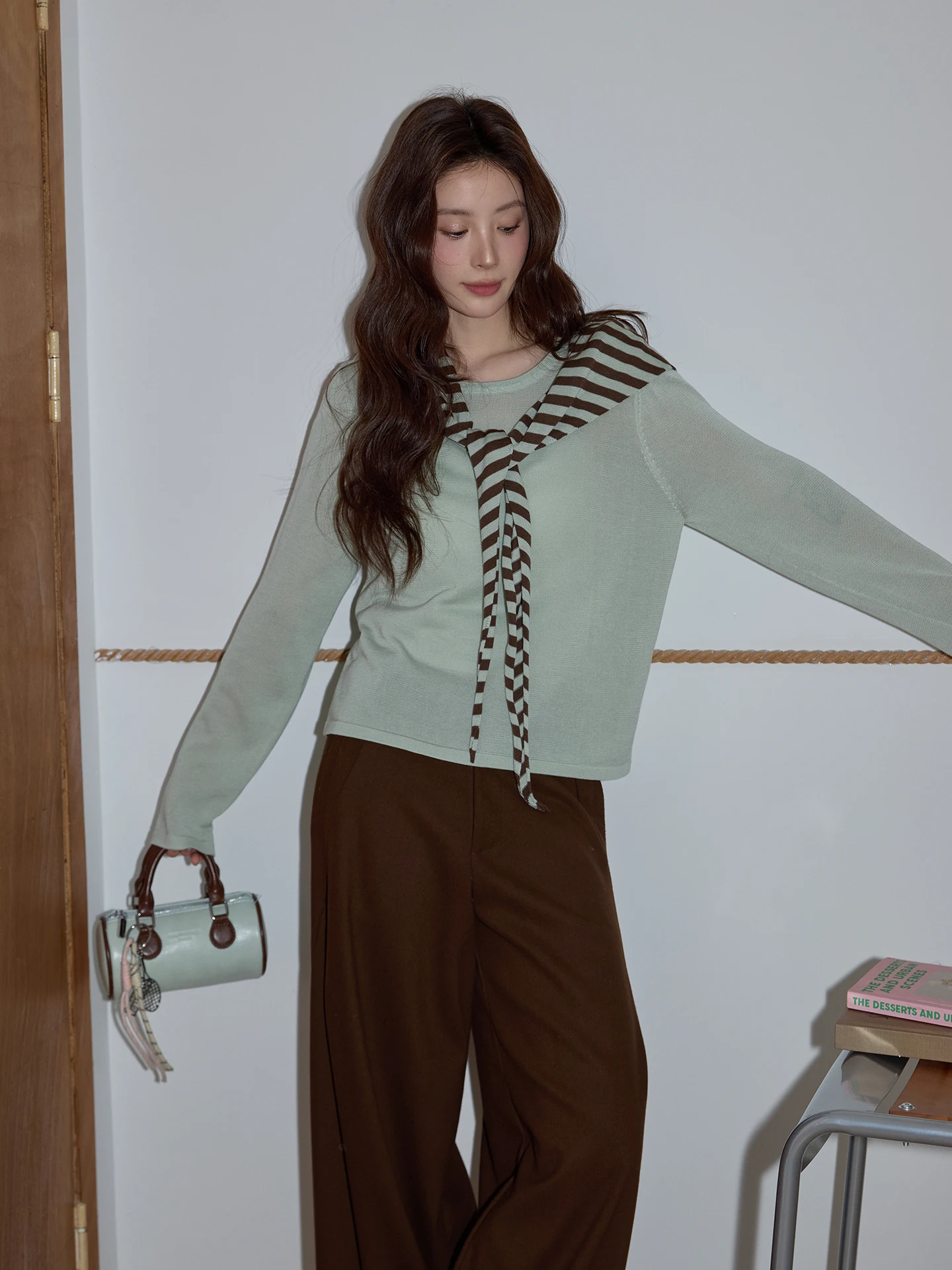 

een Striped Knit oulder Wrap Casual round Ne Loose Women's Top Spring 2026 Comfortable Leisure Faion by Cha Cha Home