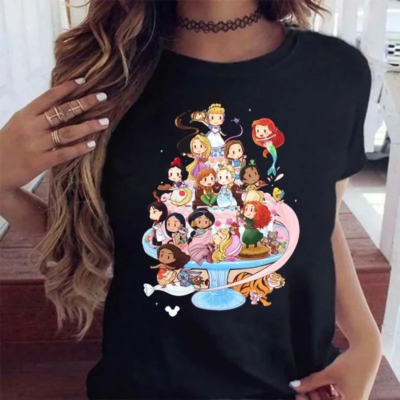 Disney Women T Shirt Cute Disneyland Princess Print Short Sleeve T-shirt Female Cartoon Look Princesses Girls Y2k Clothes Tops