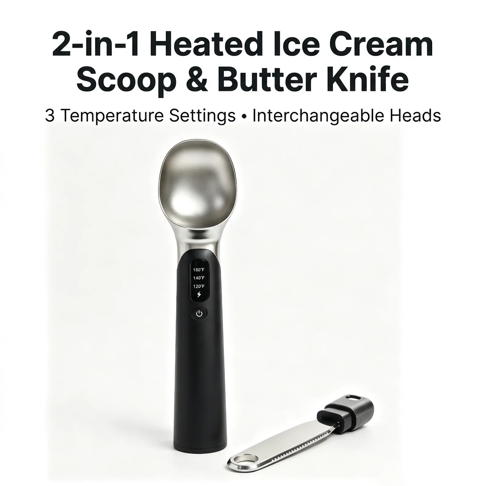 2-in-1 Electric Heated Ice Cream Scoop & Butter Knife, 10s Fast Heating, 3 Temperature Settings, Rechargeable Zinc Alloy Dessert Spoon for Hard Frozen Ice Cream