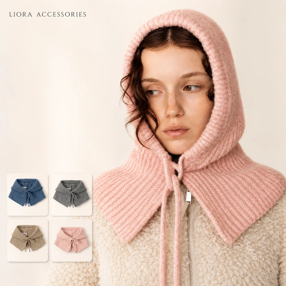 Knitted Hooded Scarf for Women Warm Balaclava Neck Warmer with Drawstring Soft Winter Hood Hat and Shoulder Wrap