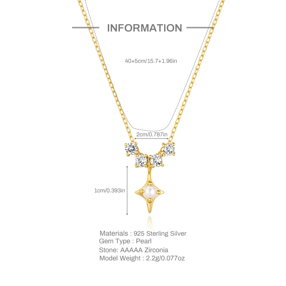 Aide 925 Sterling Silver Fashion Four-Pointed Star Necklace Simple Chain Pearl Zircon Pendant Necklace Party Wedding Necks Jewel