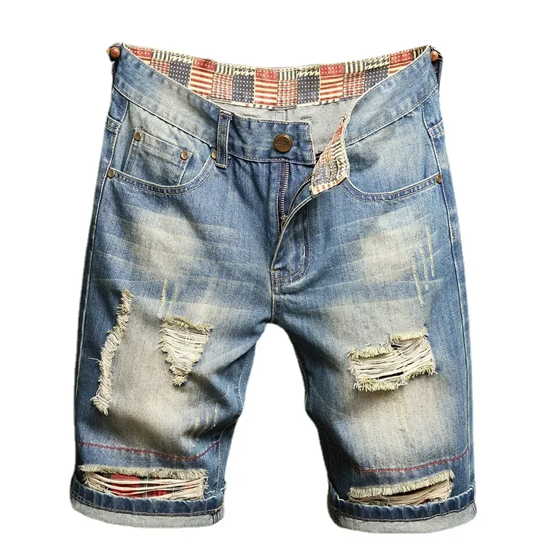 

Summer Beggars Ripped Denim Shorts Men Baggy Retro Classic Personality Youth Medium Pants Five Quarter Trend Plus-size