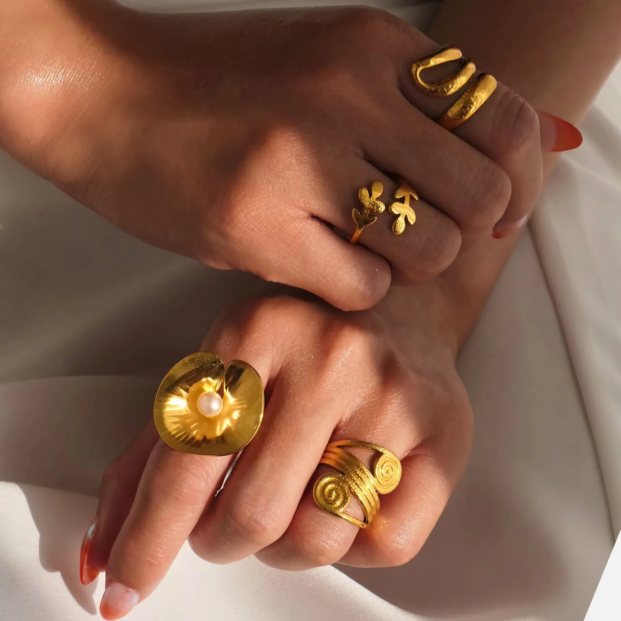 Summer Waterproof Stainless Steel 18k Gold Plated Stackable Multi-style Twisted Spiral Pearl Lotus Leaf Rings for Women Jewelry