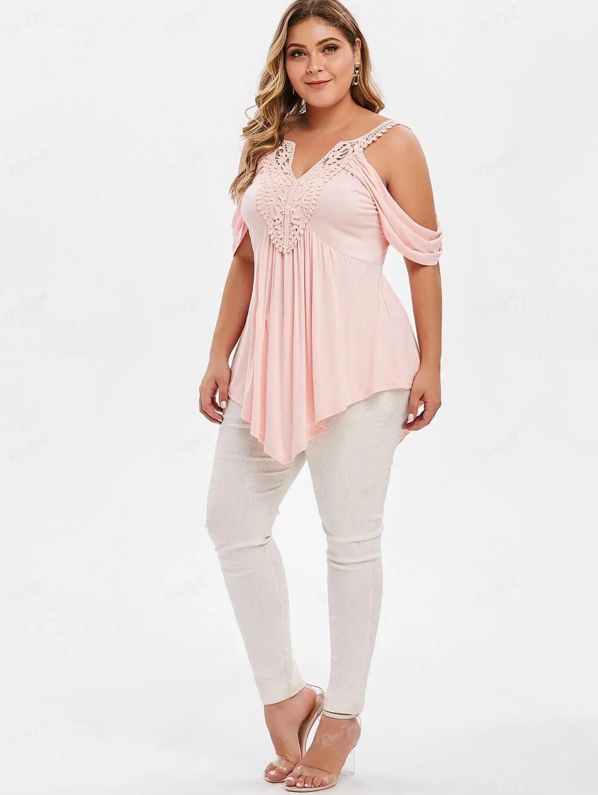 

ROSE GAL Rosegal Women Plus Size Cold Shoulder Top Floral Applique Ruched Draped T-Shirt Open Shoulder Tunic Top