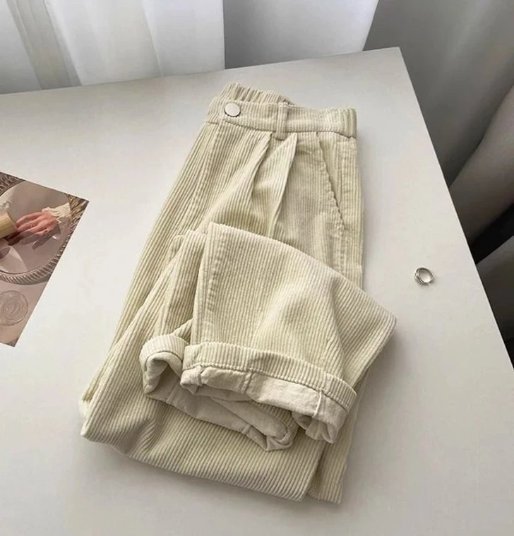 

Вельветовые брюки с высокой талией в стиле ретро, женские весенне-осенние прямые повседневные брюки полной длины, корейские модные мешковатые черные брюки