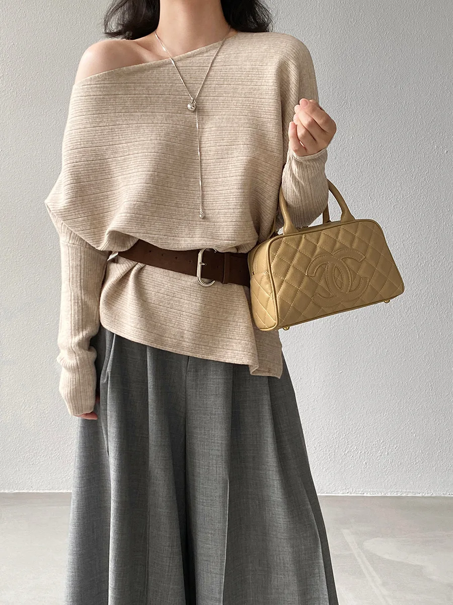 

Женский свитер с открытыми плечами в корейском стиле, топ нестандартной формы с длинными рукавами, простой и высококачественный вязаный свитер с дизайном пояса