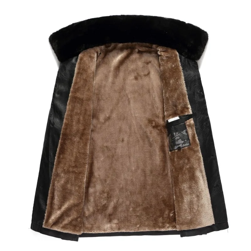 Leather Jacket Men Clothing Trend Winter Coats Fleece Warm Long Sleeve Single Breasted Pockets Casual Windproof Outerwear New