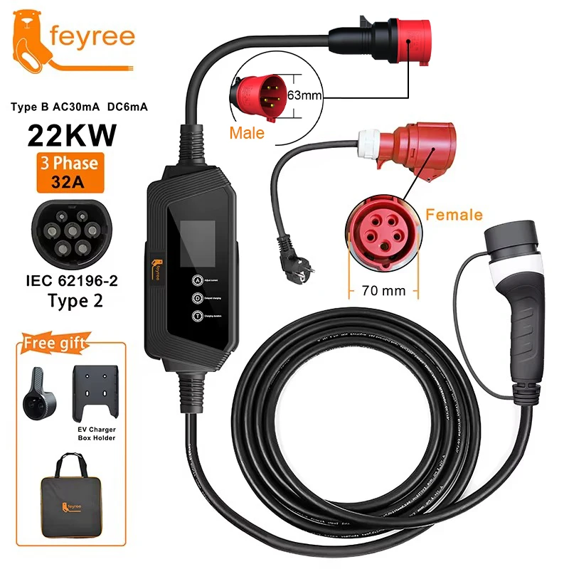 feyree Type2 EV Charger 22KW 32A 3Phase EV Charger EVSE Portable Charging Box 5m Cable with Socket IEC62196-2 for Electric Car