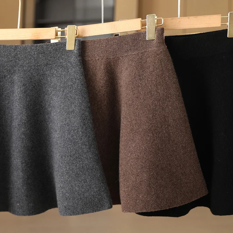 

Sweet Skirt Women's Miniskirt 100% Merino Wool Skirt Autumn Winter Skirts Wave A-Line Skirts Elastic Waist Female Knitted Dress