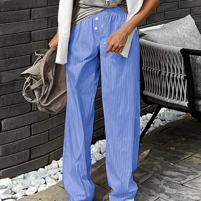 Fashion Women Striped Pants Elastic Waist Loose Trousers Streetwear