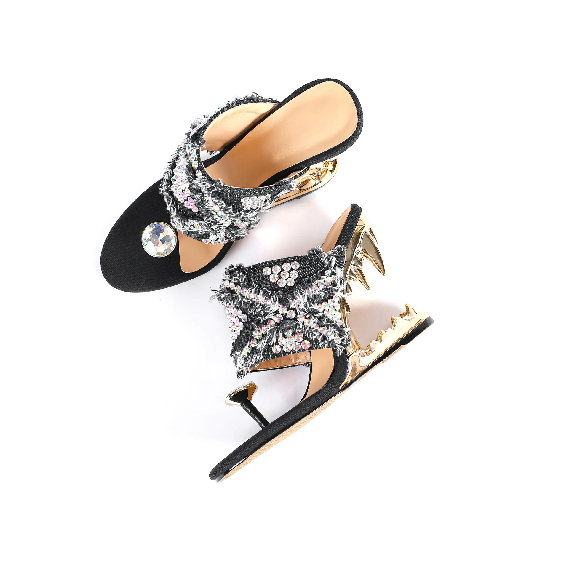 

New Luxury Big Diamond Round Clip Toe Metal Teeth Strange Style Heels Women Slingback Slides Ladies Slip-on Summer Brand Sandals