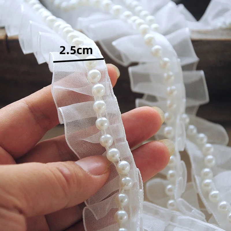 1 yard Width 0.98 inches ivory wrinkle lace trim with pearl,lace trim for collar,for Skirt