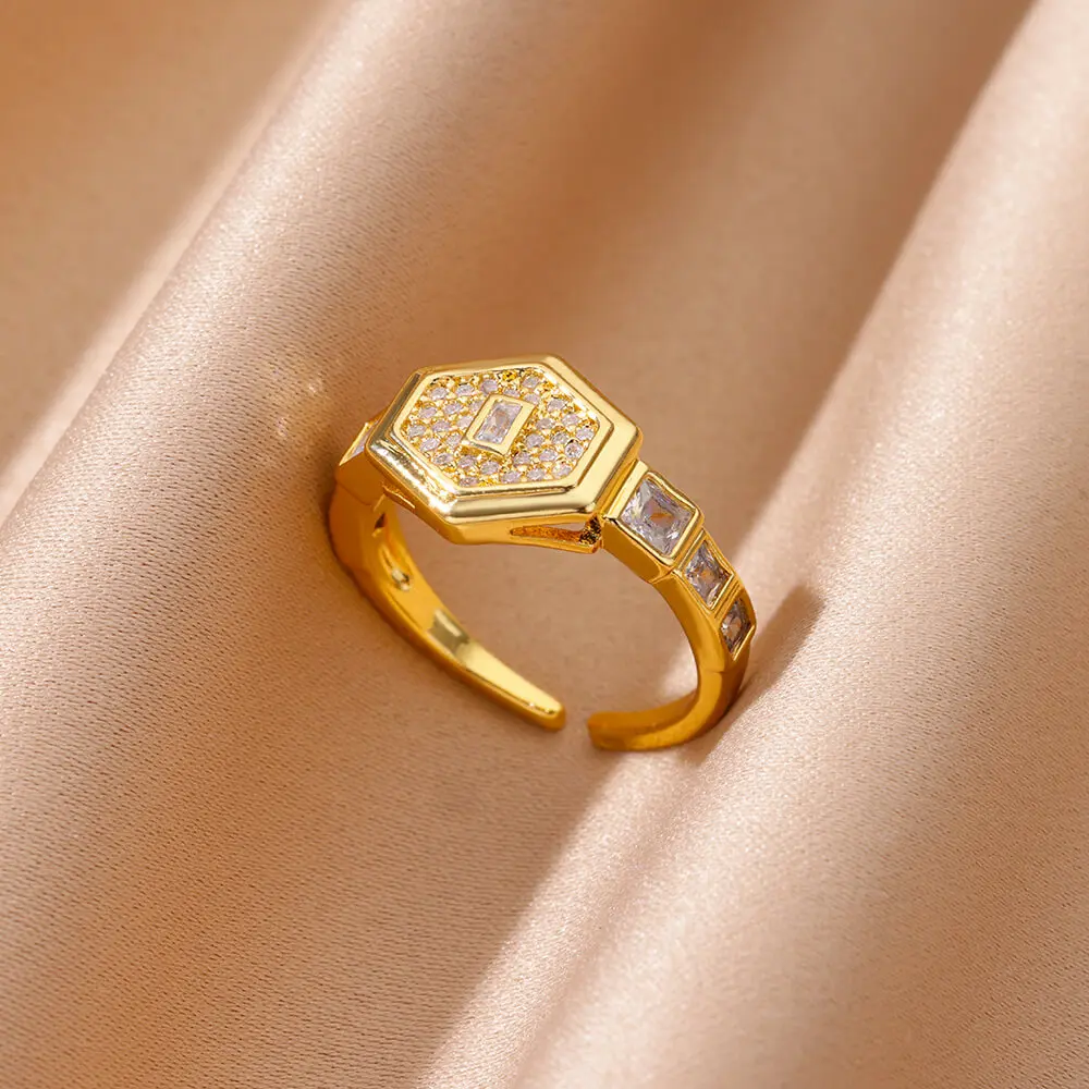 Zircon Hexagon Rings For Women Gold Color Stainless Steel Geometric Opening Ring Femme Wedding Party Jewelry Gift 2024