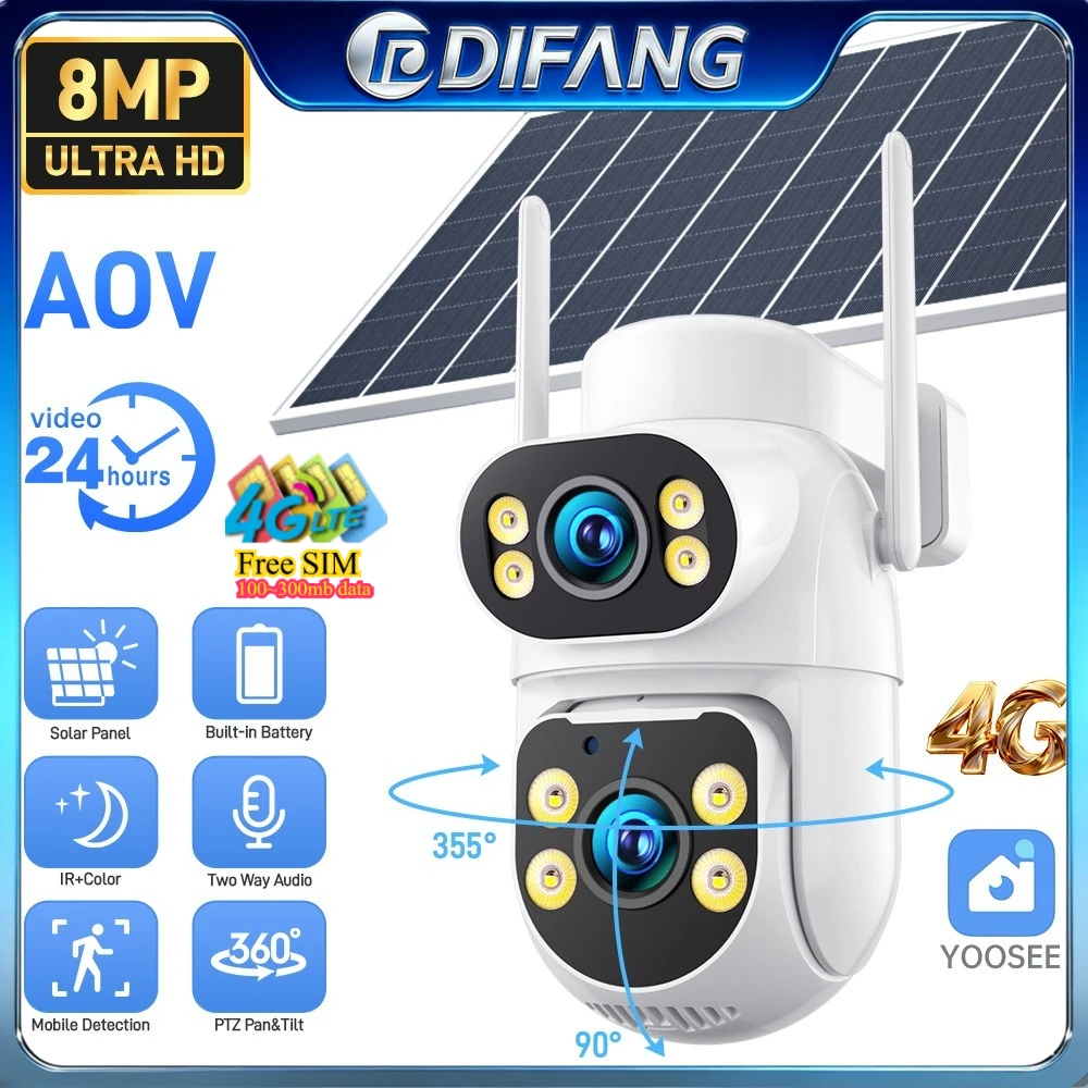 

Yoosee 4G Solar Security Camera Outdoor Dual Lens Dual Screen with Auto Tracking Wireless CCTV Solar 4G SIM Card External IP
