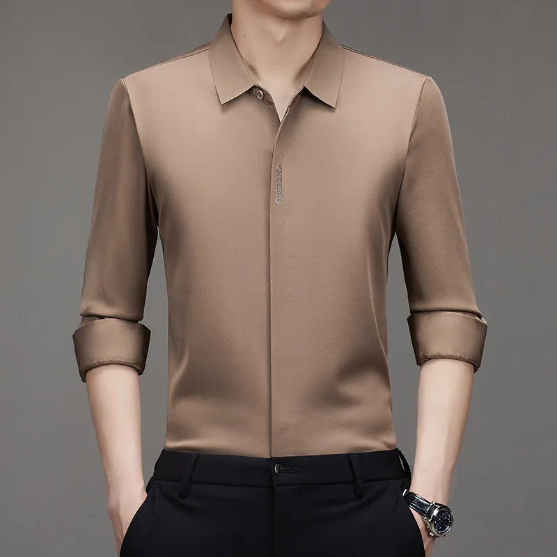 Golden Man Business Silk Shirt Autumn Buttons Invisible Elastic Luxury High end Non-iron Quality Blouse Long Sleeve Dress Shirts