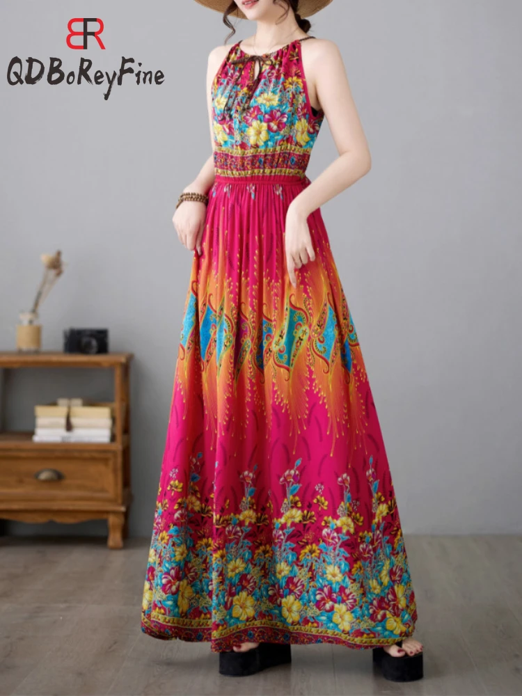 Elegancka letnia sukienka damska bez rękawów Boho Holiday Party Vestidos De Fiesta Office Vintage długie sukienki Maxi z nadrukiem dla kobiet