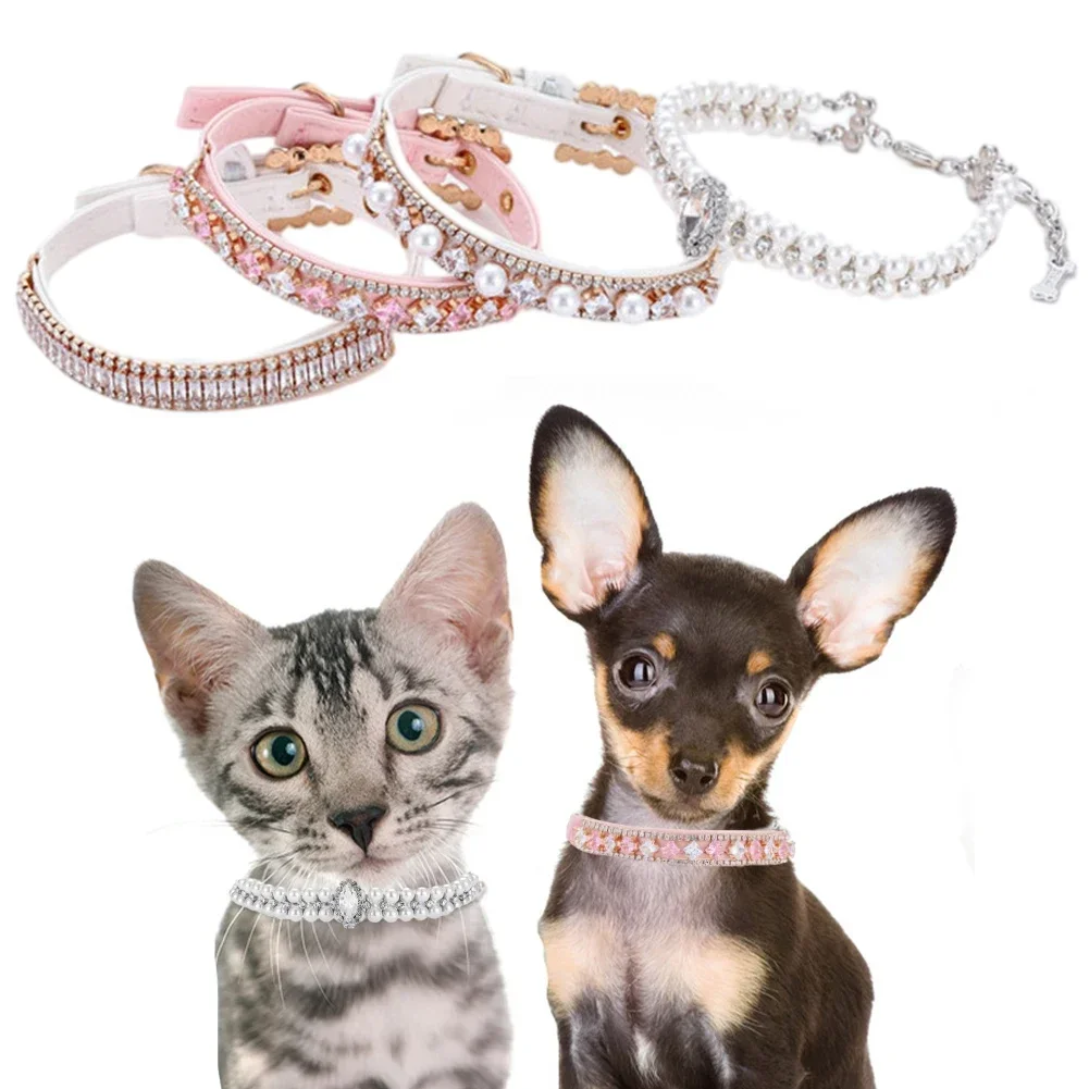 Adjustable Dog Cat Pearl Collar For Puppy Cat Strap Crystal Rhinestone Pearl Cat Necklace PU Leather Neck Strap Pet Accessories