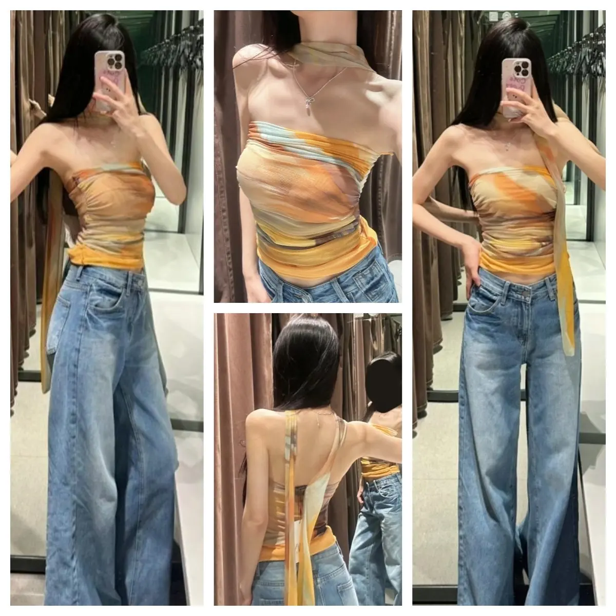 

2026 Summer Women's American Retro Mesh Tube Top Ruched Gradient Print Strapless Stretchy Crop Top For Y2K Streetwear Outfits