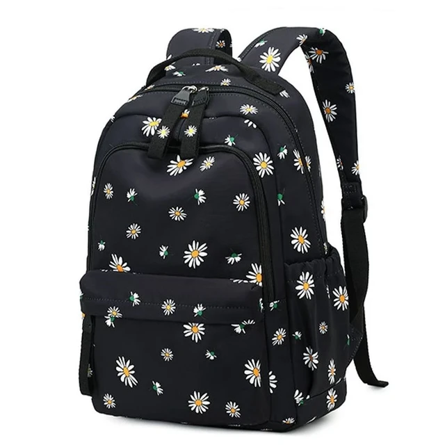 Flower Backpack Women 2024 Korean Black Floral School Bags for Girls Cute Kawaii Book Bag NEW