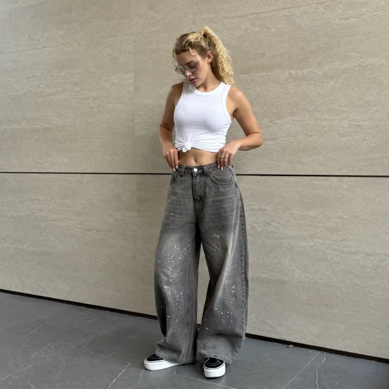 Women Grey High Waist Wide Leg Floor Length Casual Simple Daily Denim Trousers American High Street Style New Fashion Jean Pants